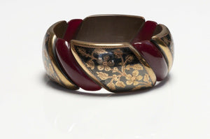 Vintage 1950’s Wide Brown Bakelite Overlay Metal Bangle Bracelet