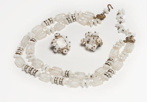 Vintage 1960's Alice Caviness White Glass Beads Crystal Earrings Necklace Set