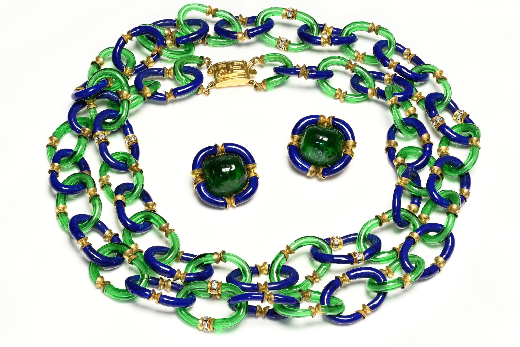 Vintage 1960's Archimede Seguso Green Blue Glass Chain Link Necklace Earrings Set