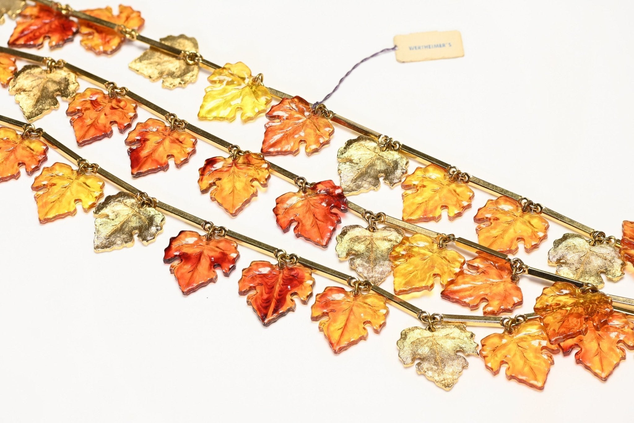 Vintage 1960’s Brown Yellow Lucite Leaf Charm Chain Necklace