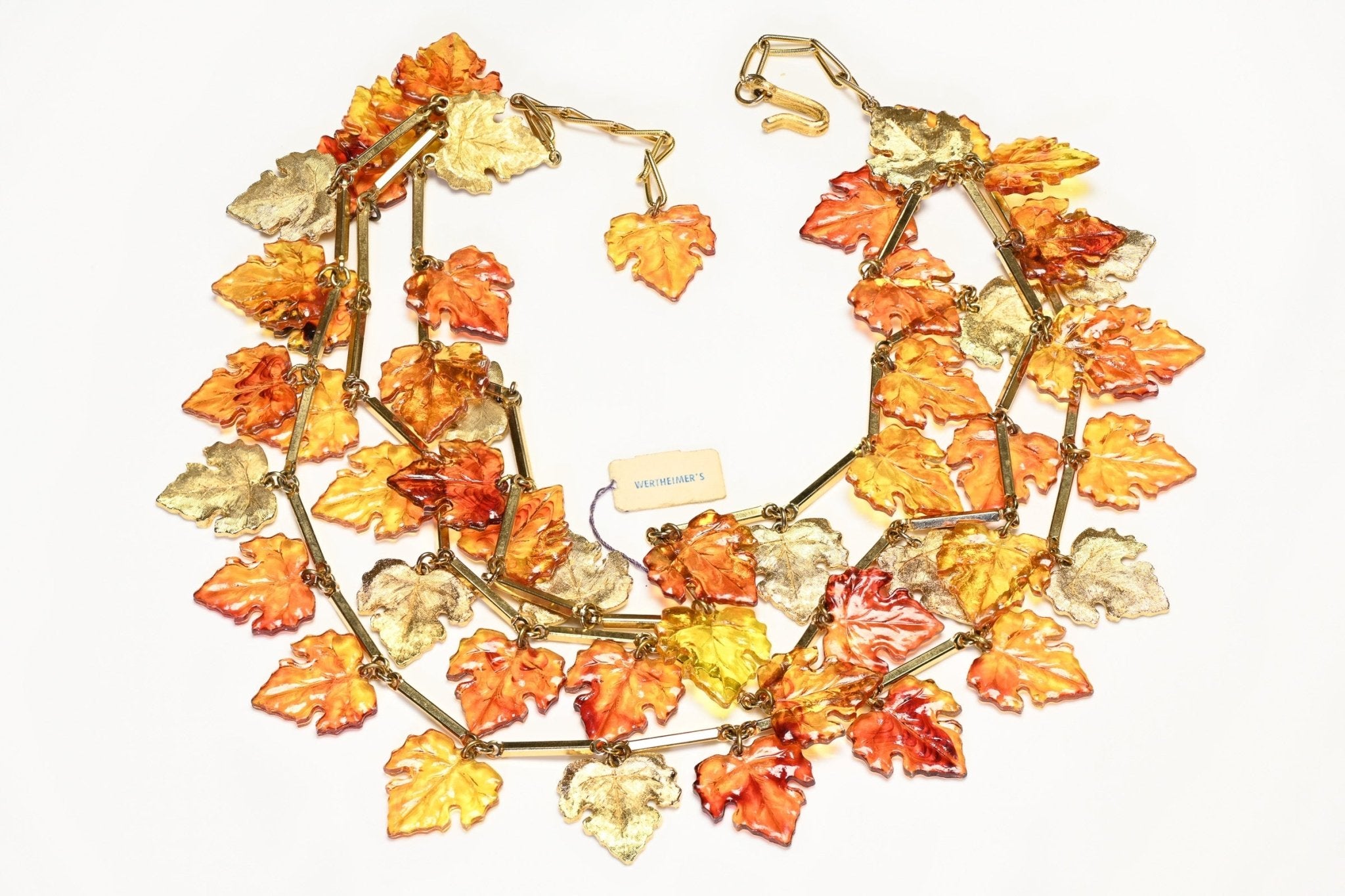 Vintage 1960’s Brown Yellow Lucite Leaf Charm Chain Necklace