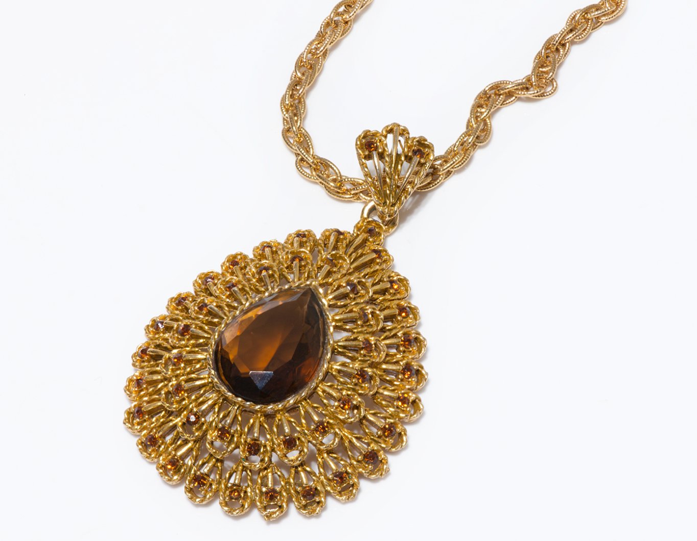 Vintage 1960's Capri Faux Citrine Crystal Filigree Pendant Chain Necklace