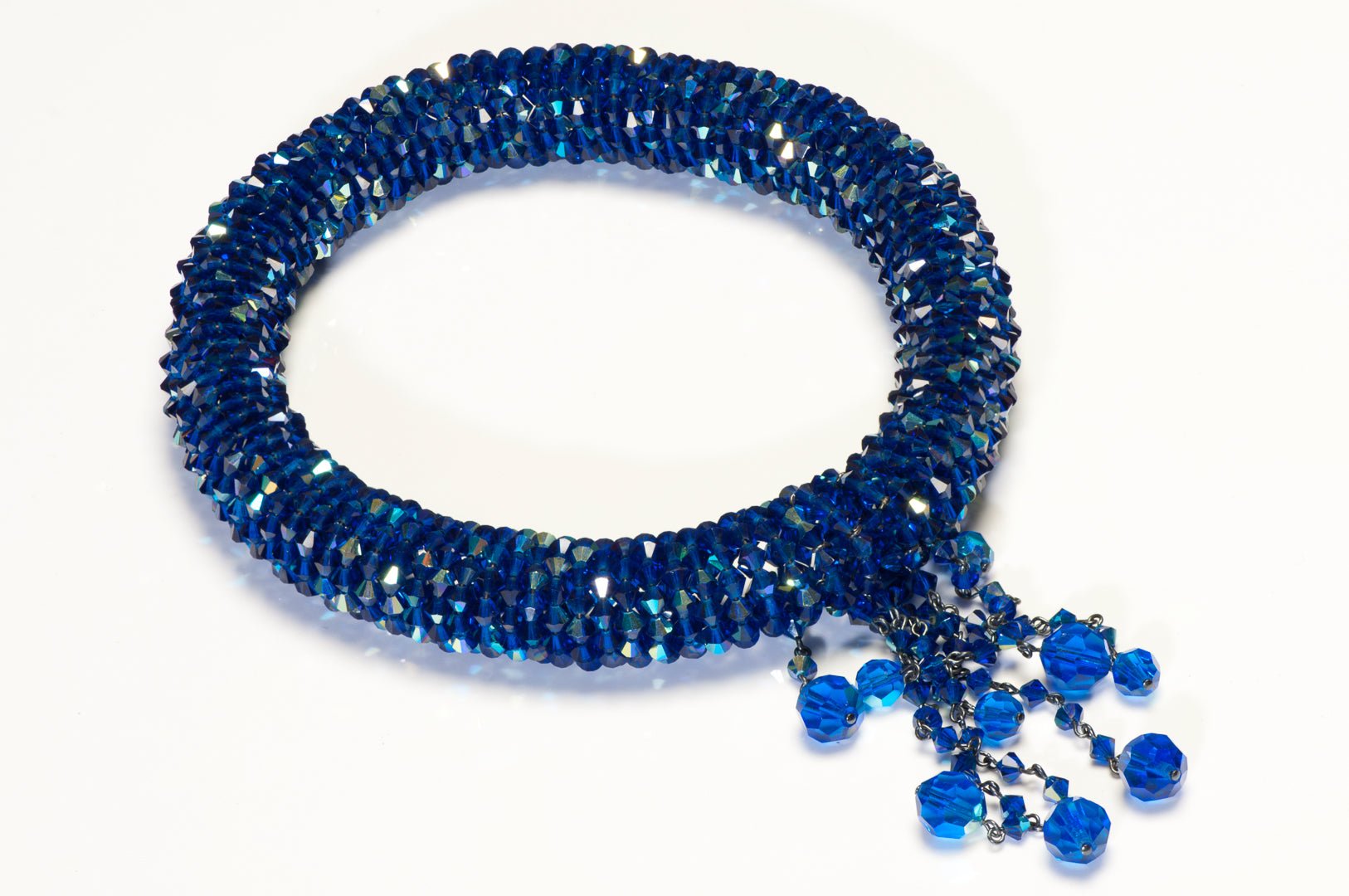 Vintage 1960's Czech Blue Crystal Beads Tassel Tubular Necklace Bracelet Set