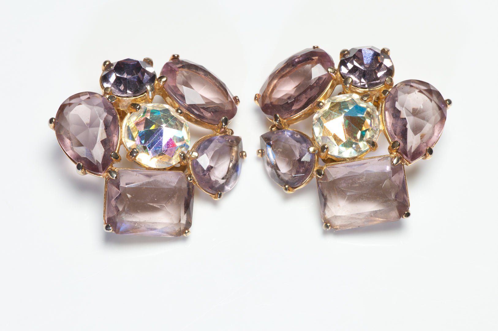 Vintage 1960’s Elsa Schiaparelli Purple Aurora Borealis Crystal Flower Earrings