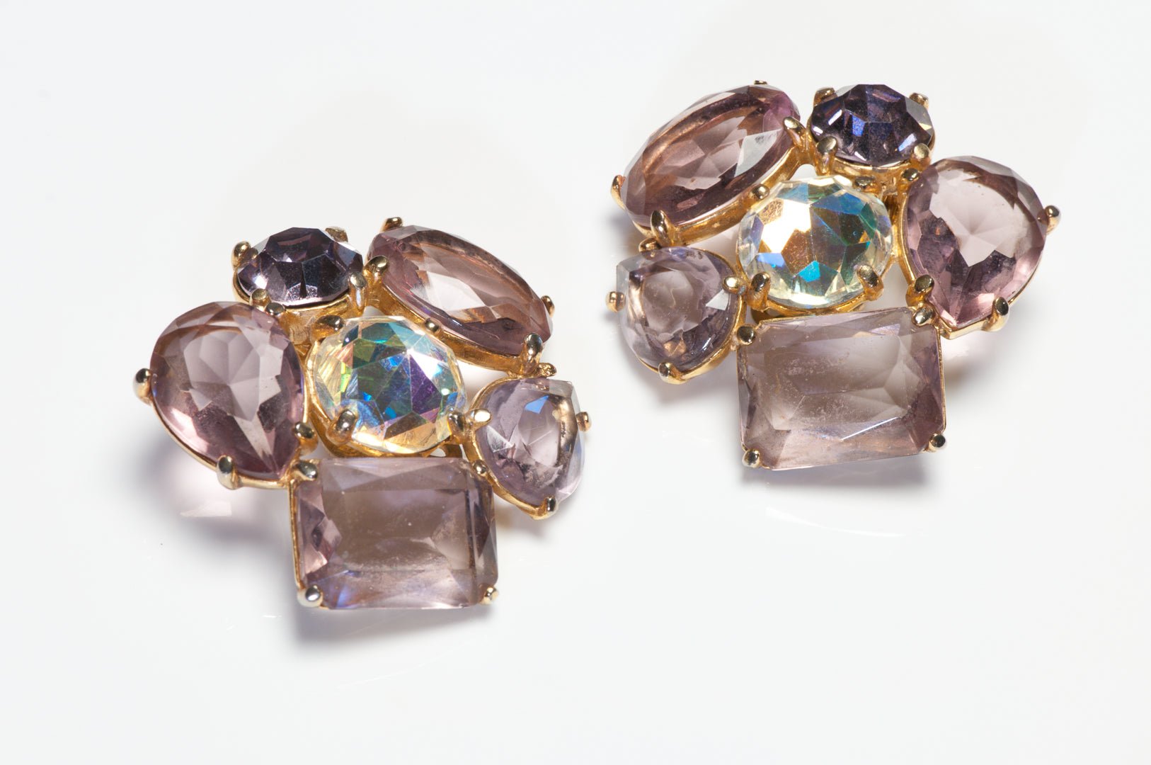 Vintage 1960’s Elsa Schiaparelli Purple Aurora Borealis Crystal Flower Earrings