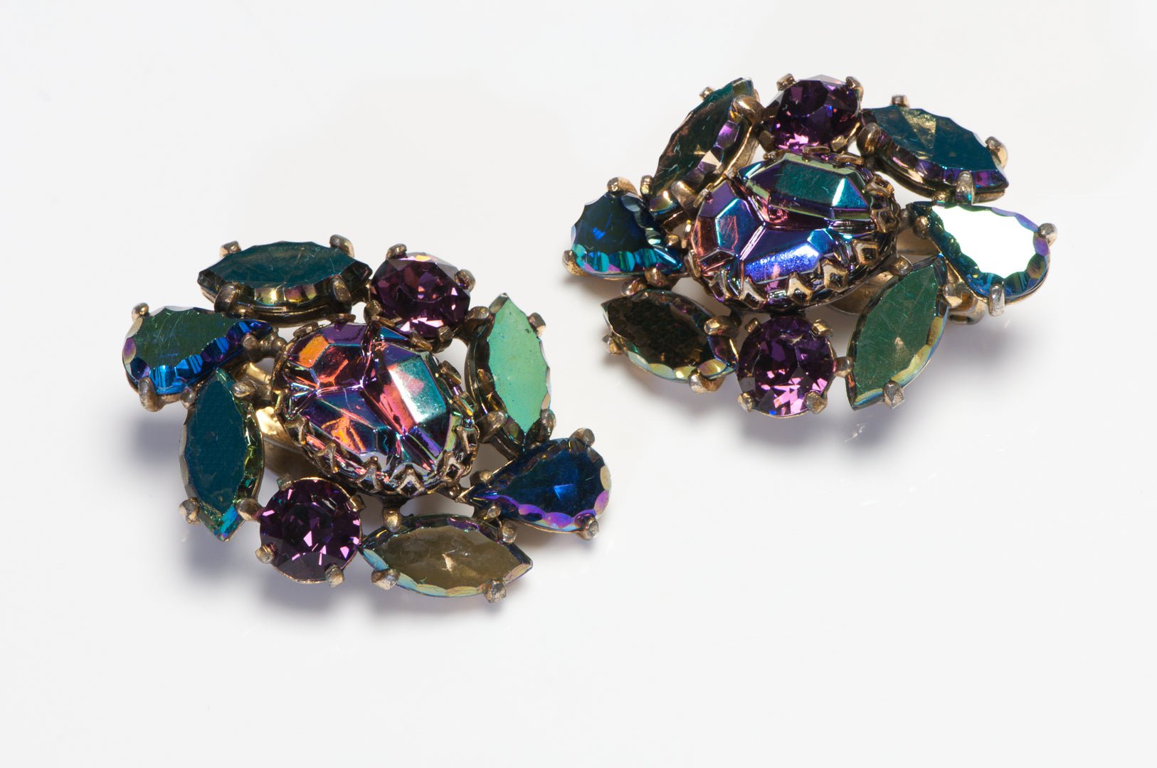 Vintage 1960’s Elsa Schiaparelli Purple Green Aurora Borealis Crystal Earrings