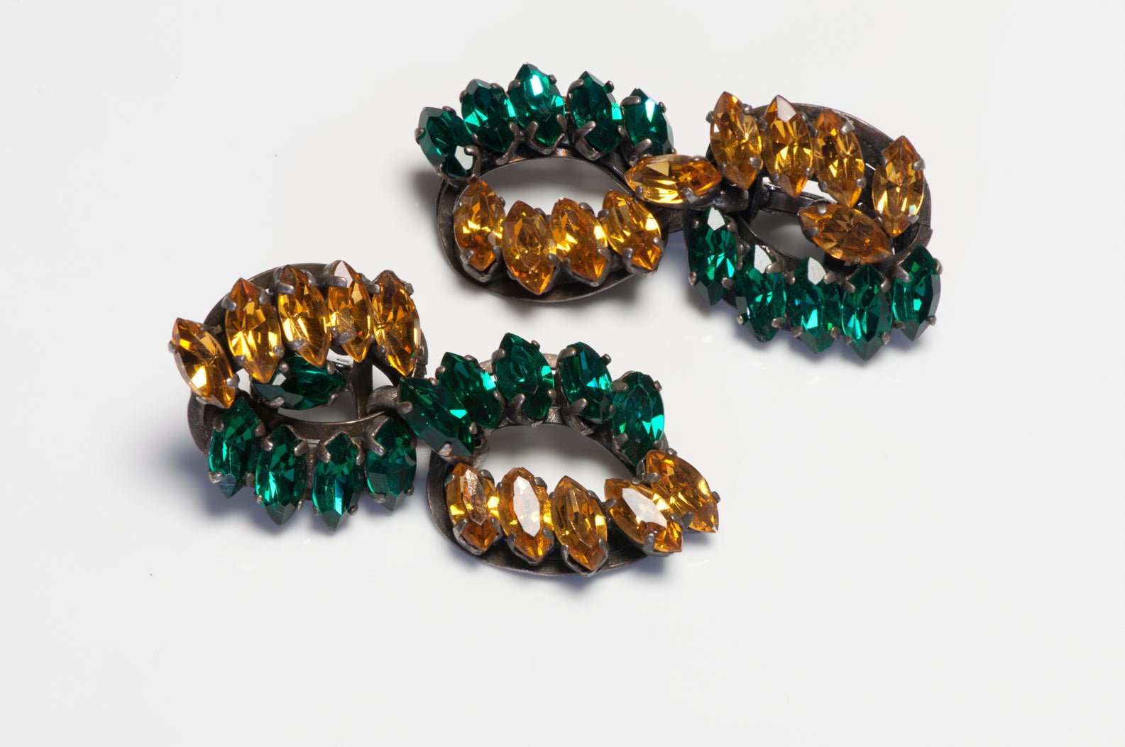Vintage 1960’s French Long Green Yellow Crystal Chain Link Earrings