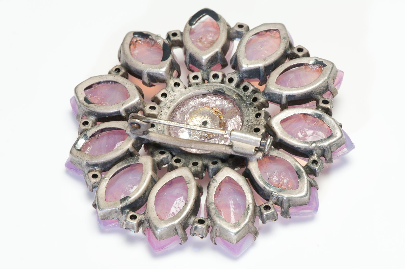 Vintage 1960’s French Pink Cabochon Glass Aurora Borealis Crystal Flower Brooch