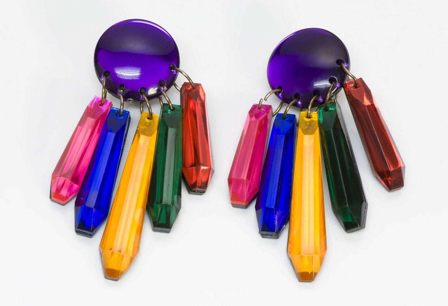 Vintage 1960’s French Purple Red Yellow Blue Green Tassel Lucite Earrings