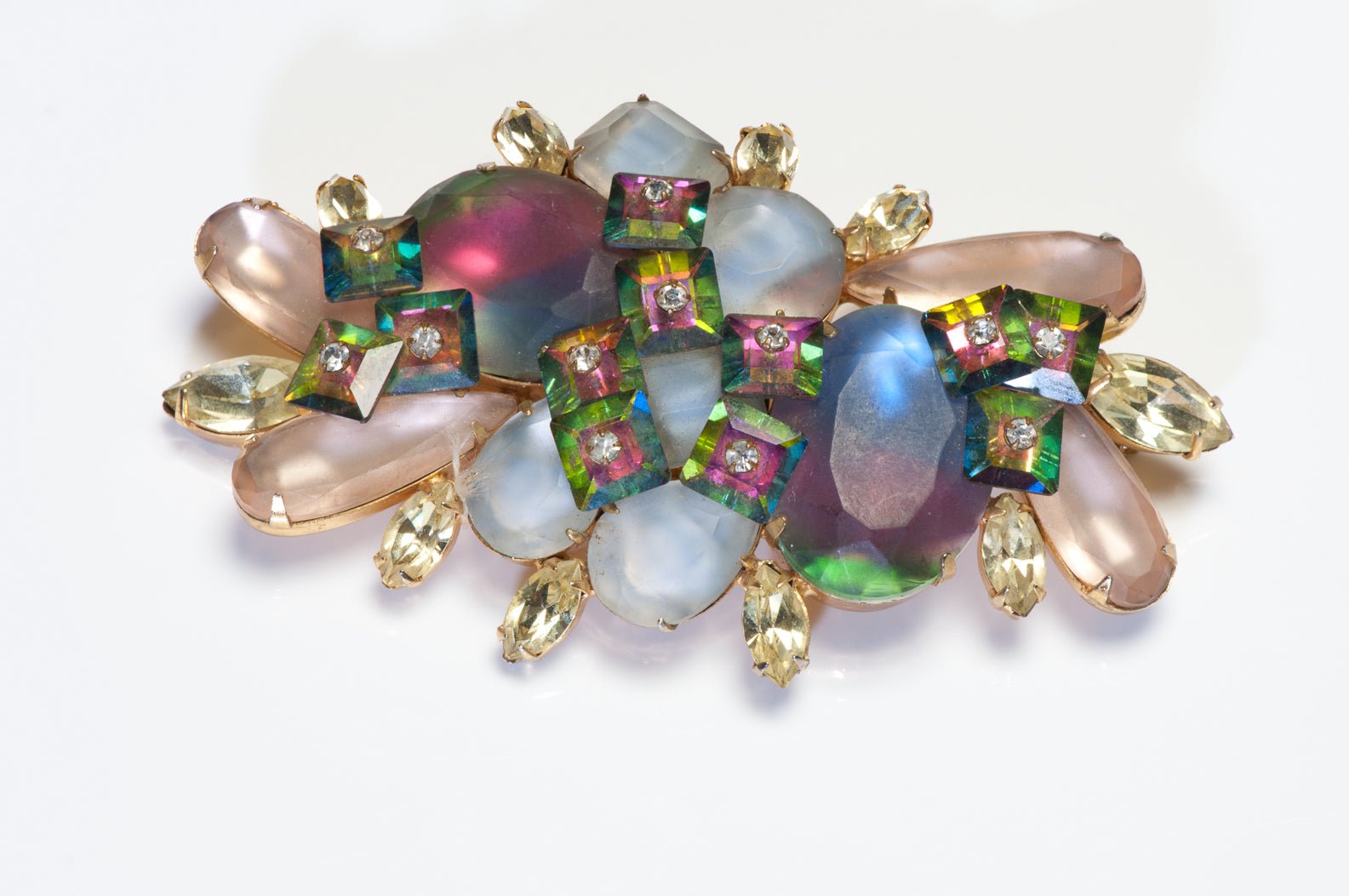 Vintage 1960's Green Blue Pink Watermelon Frosted Crystal Brooch