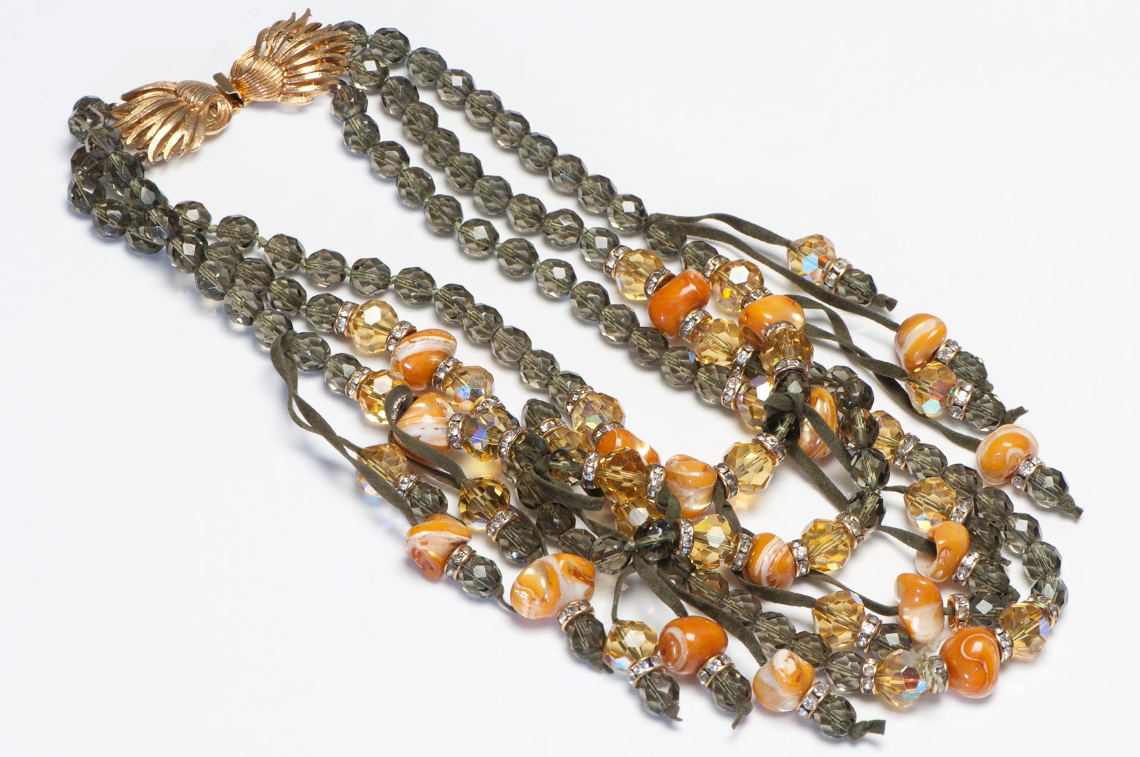 Vintage 1960's Green Crystal Orange Glass Beads Suede Tassel Necklace