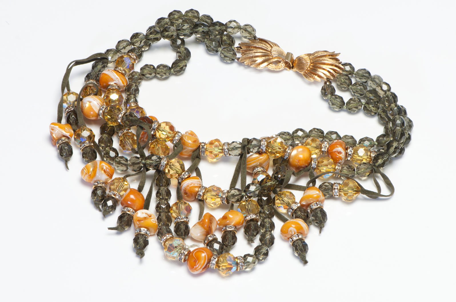 Vintage 1960's Green Crystal Orange Glass Beads Suede Tassel Necklace