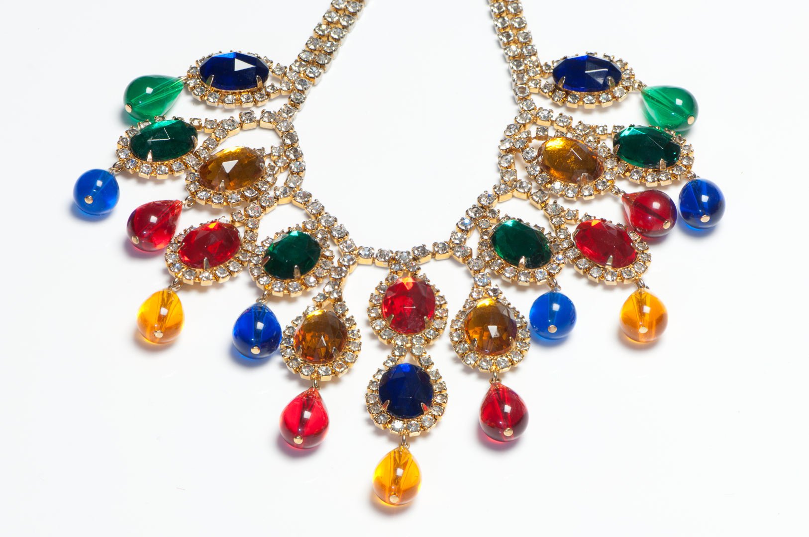 Vintage 1960’s Hattie Carnegie Blue Green Red Yellow Crystal Collar Necklace