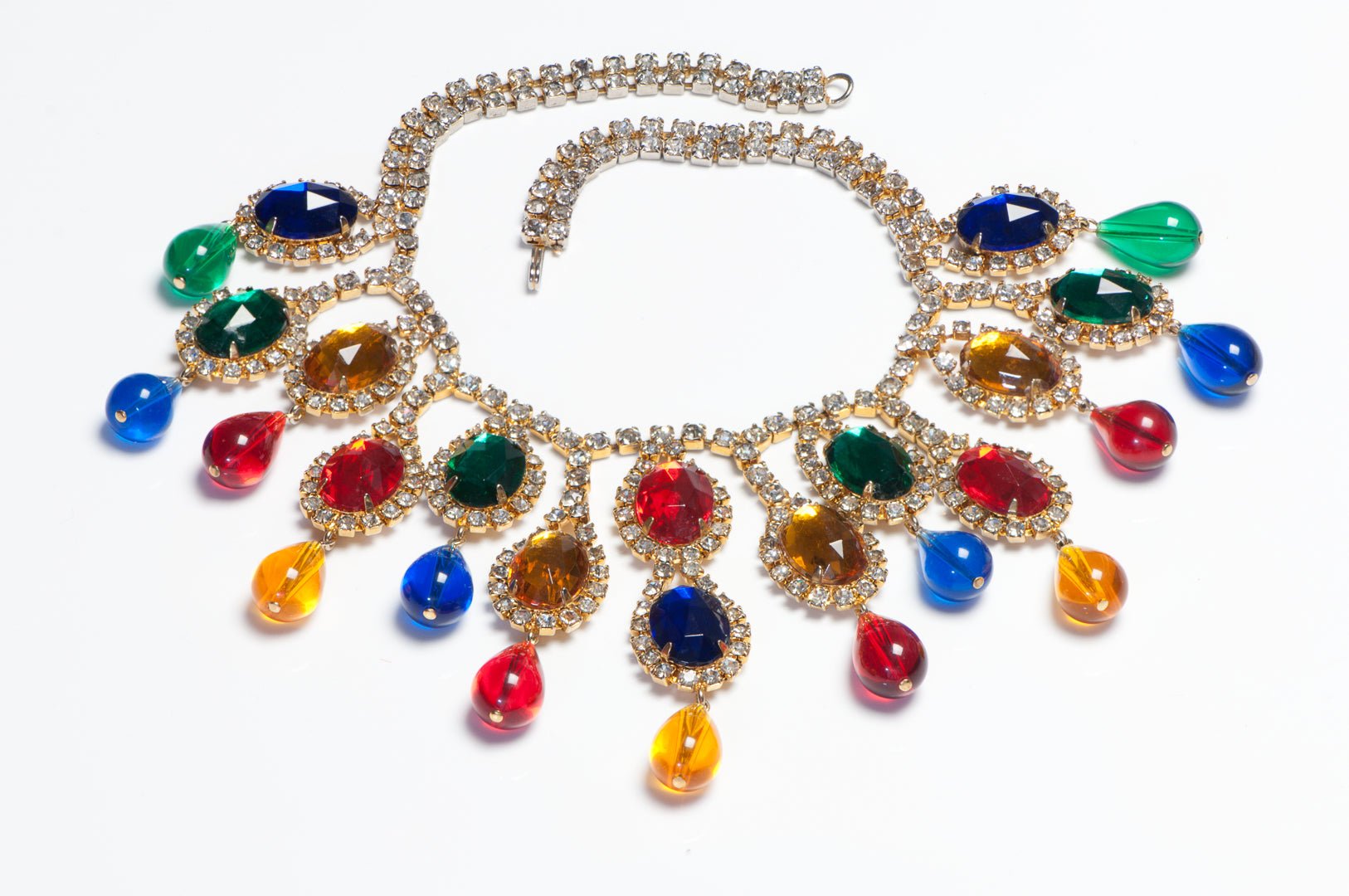 Vintage 1960’s Hattie Carnegie Blue Green Red Yellow Crystal Collar Necklace
