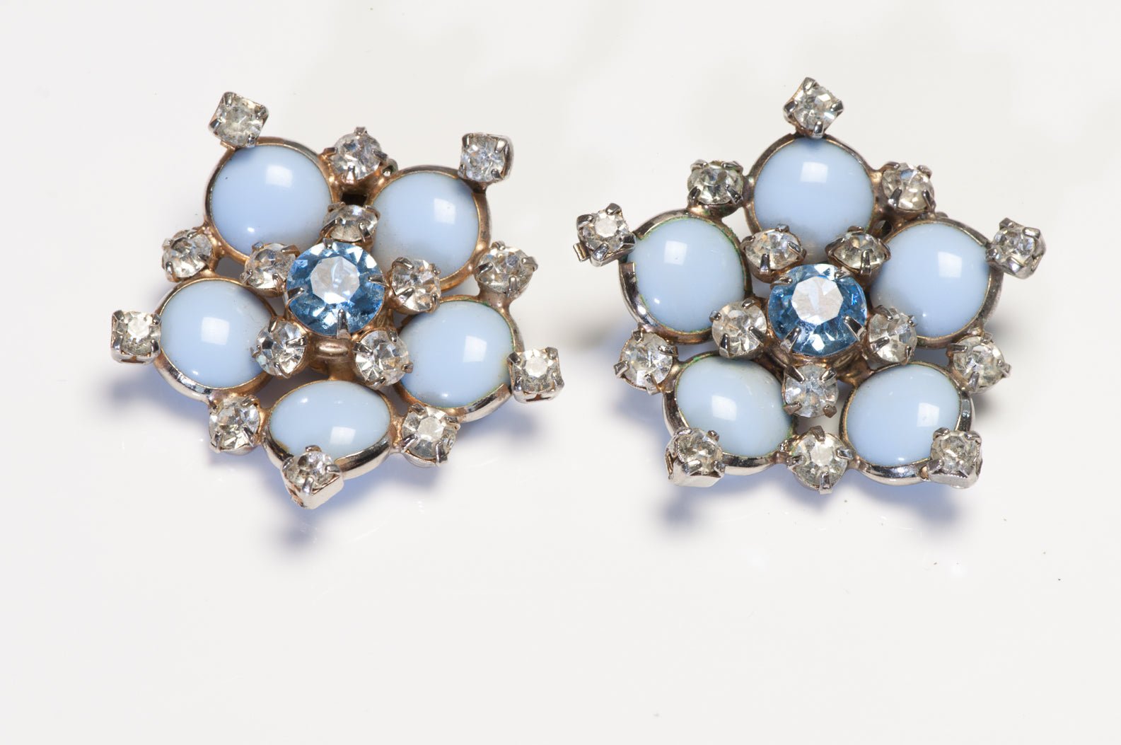 Vintage 1960’s HOBE Blue Cabochon Glass Crystal Flower Earrings