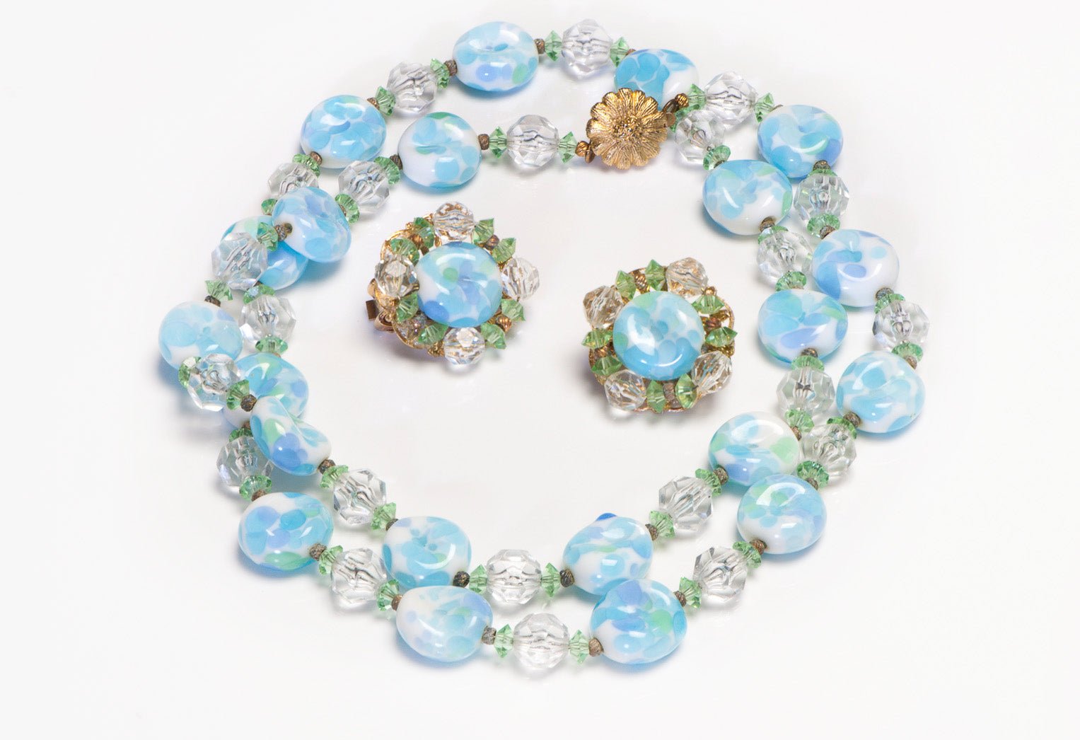 Vintage 1960’s Hobe Blue Green Glass Beads Crystal Earrings Necklace Set