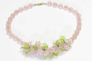 Vintage 1960’s Italian Pink Resin Beads Green Glass Leaf Flower Necklace
