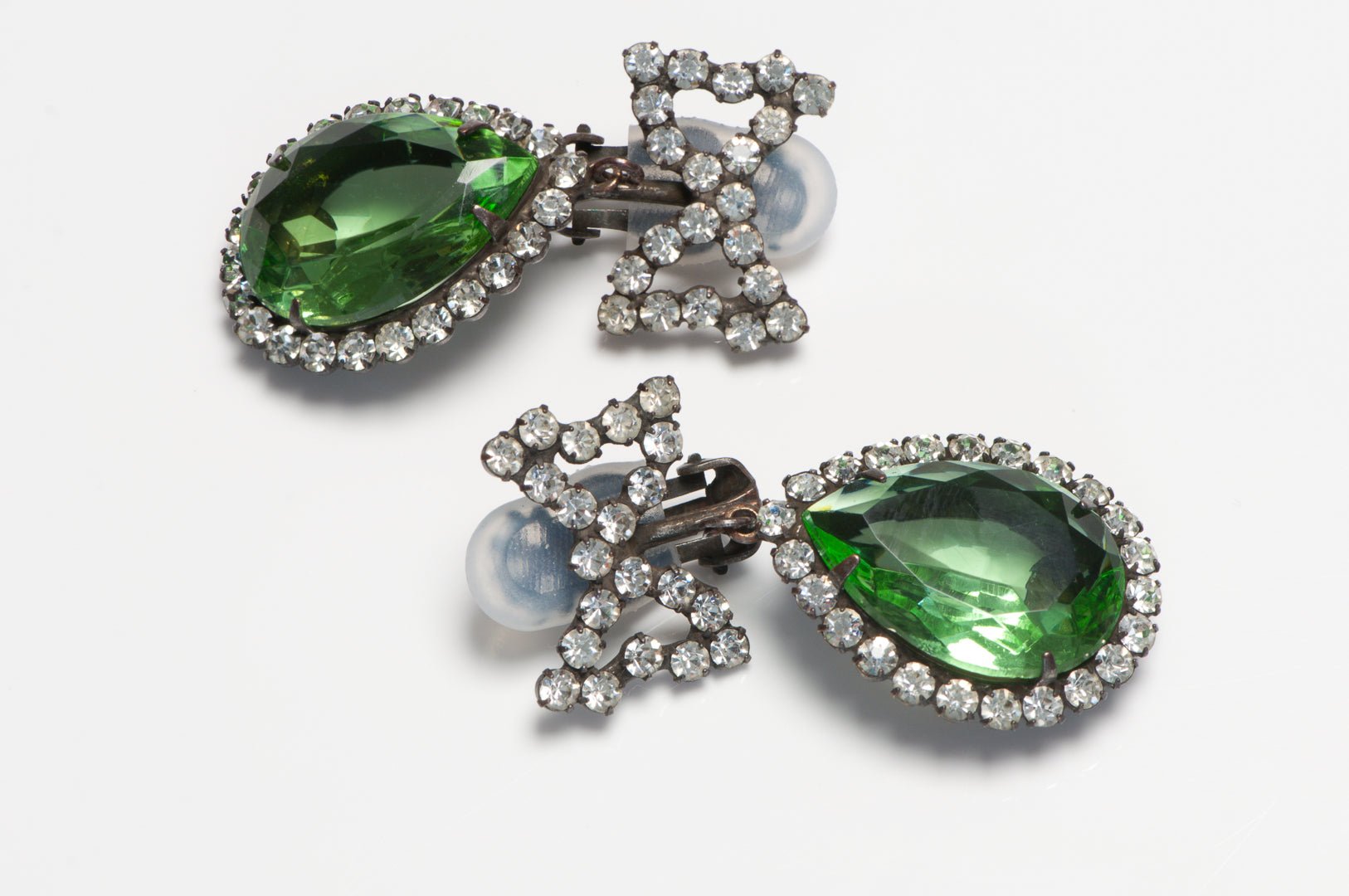 Vintage 1960's Kenneth Jay Lane Green Crystal Bow Earrings