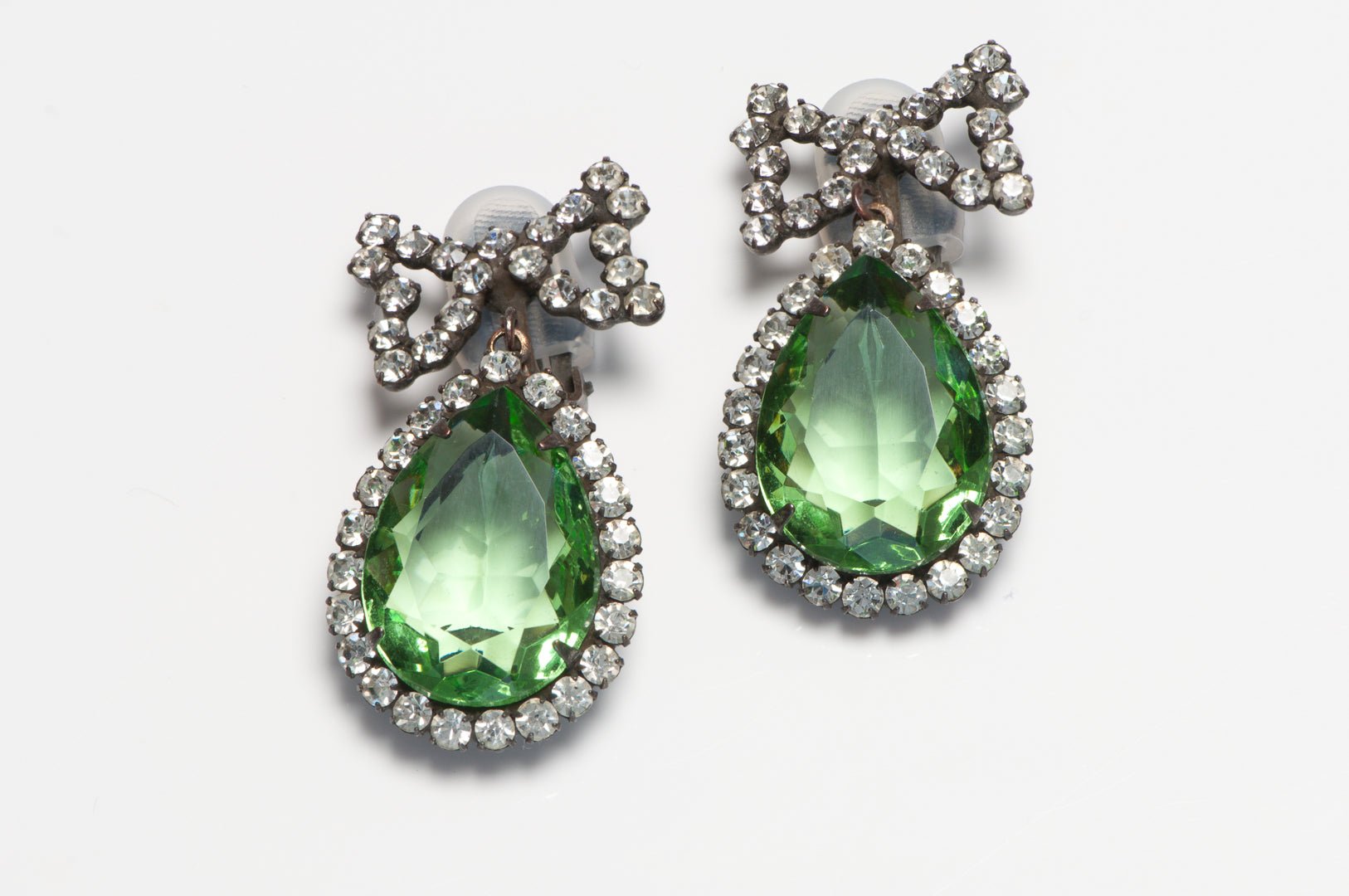 Vintage 1960's Kenneth Jay Lane Green Crystal Bow Earrings