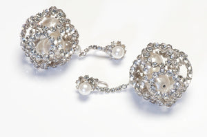Vintage 1960's Long Rhodium Plated Crystal Pearl Ball Drop Earrings