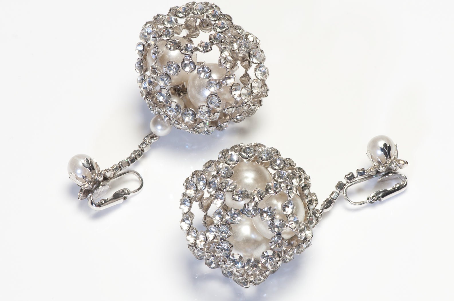 Vintage 1960's Long Rhodium Plated Crystal Pearl Ball Drop Earrings
