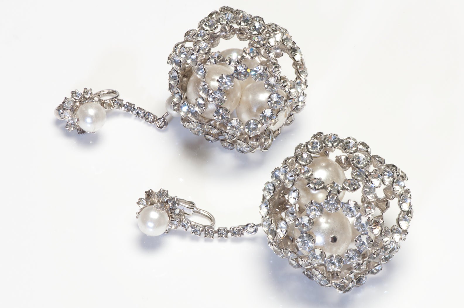 Vintage 1960's Long Rhodium Plated Crystal Pearl Ball Drop Earrings