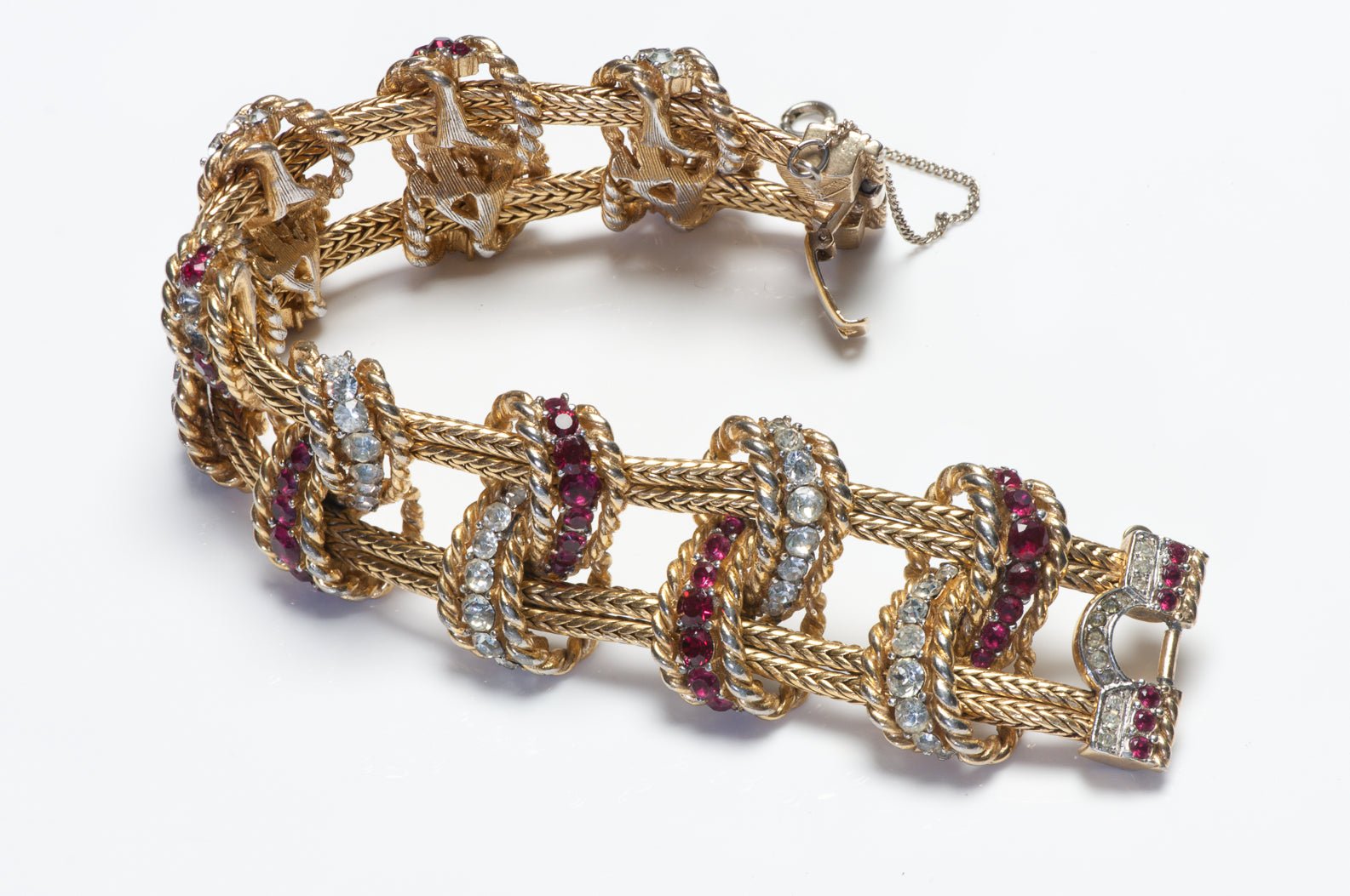 Vintage 1960's Marcel Boucher Gold Plated Rope Red Crystal Bracelet