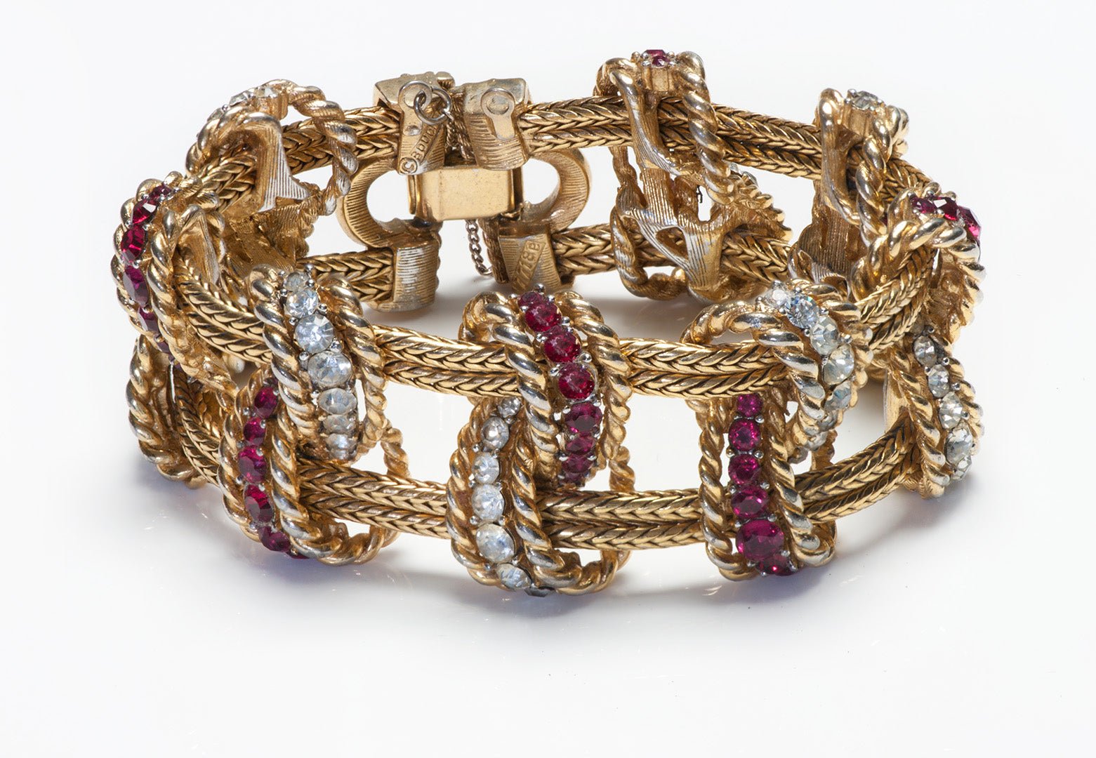Vintage 1960's Marcel Boucher Gold Plated Rope Red Crystal Bracelet
