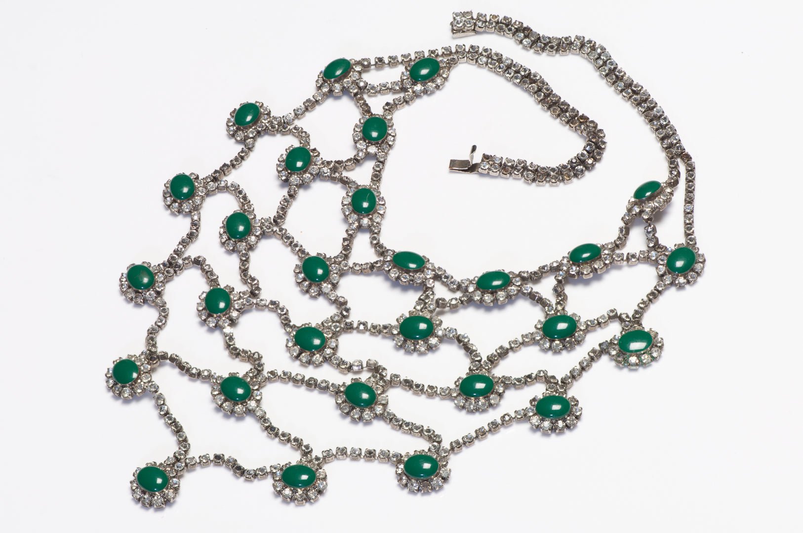 Vintage 1960’s Mughal Style Green Cabochon Crystal Web Bib Necklace