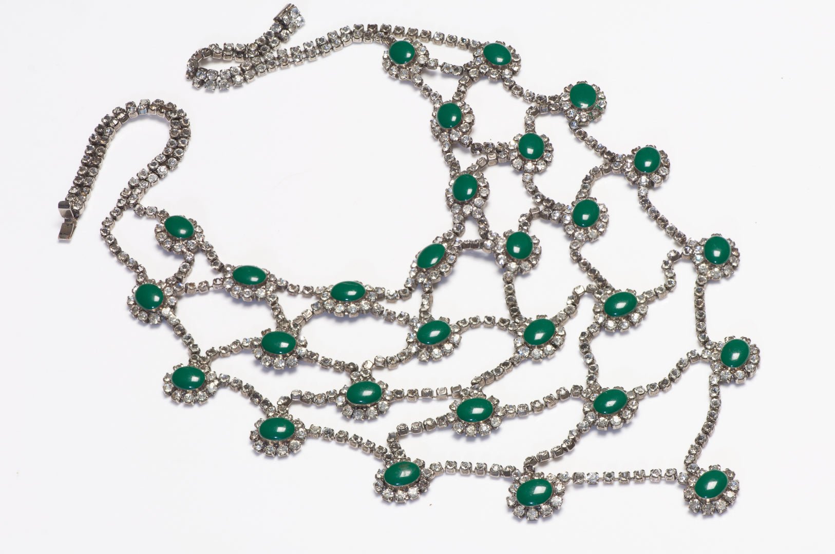 Vintage 1960’s Mughal Style Green Cabochon Crystal Web Bib Necklace