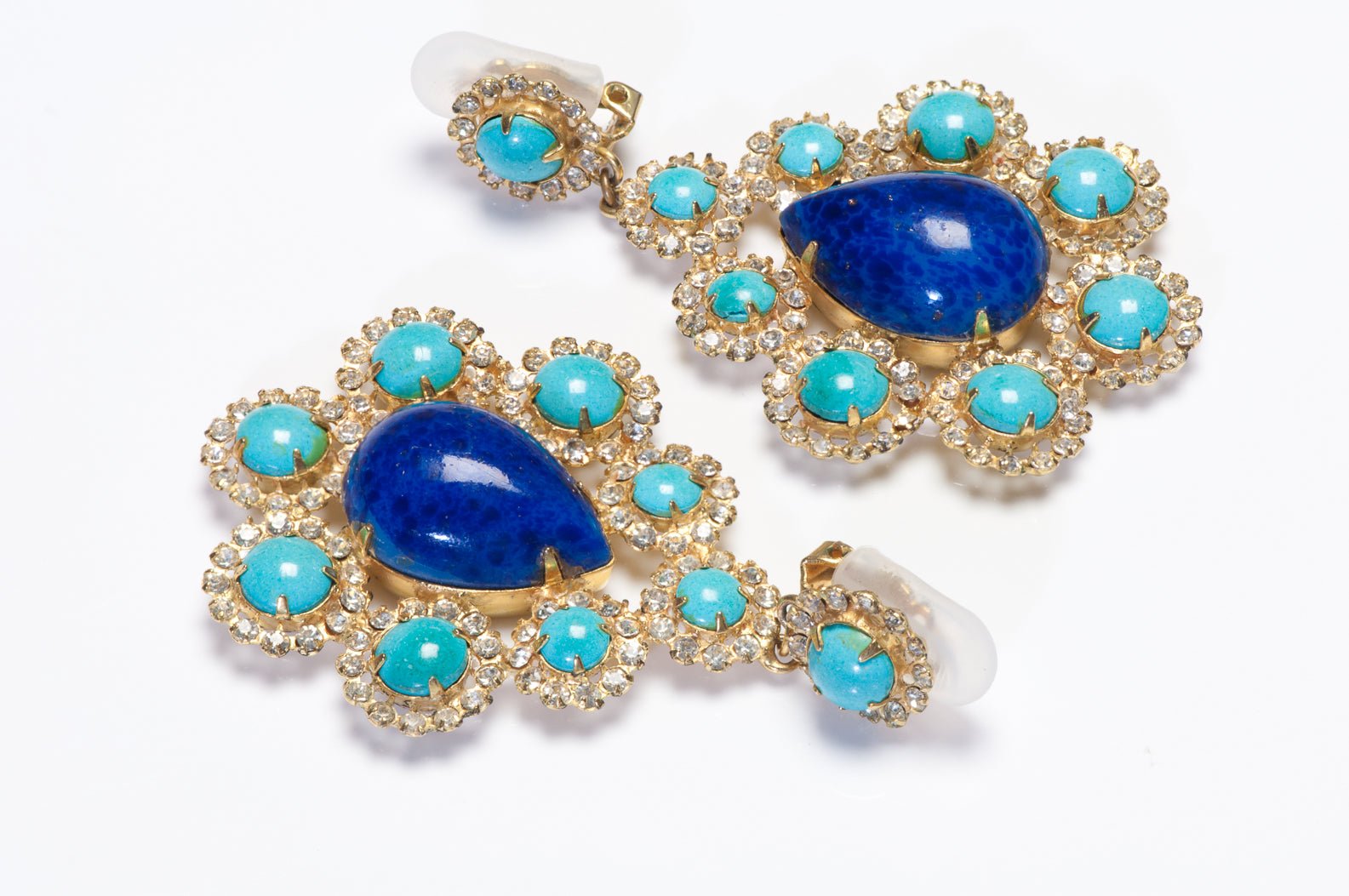Vintage 1960's Mughal Style Turquoise Lapis Blue Resin Crystal Drop Earrings