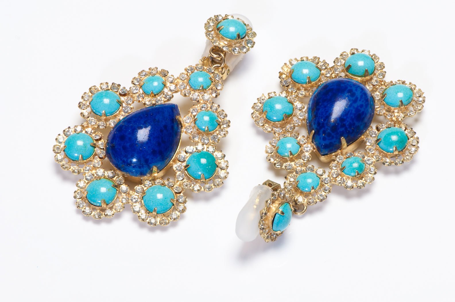 Vintage 1960's Mughal Style Turquoise Lapis Blue Resin Crystal Drop Earrings