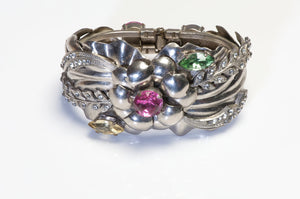 Vintage 1960's Pink Blue Green Crystal Flower Leaf Bangle Bracelet