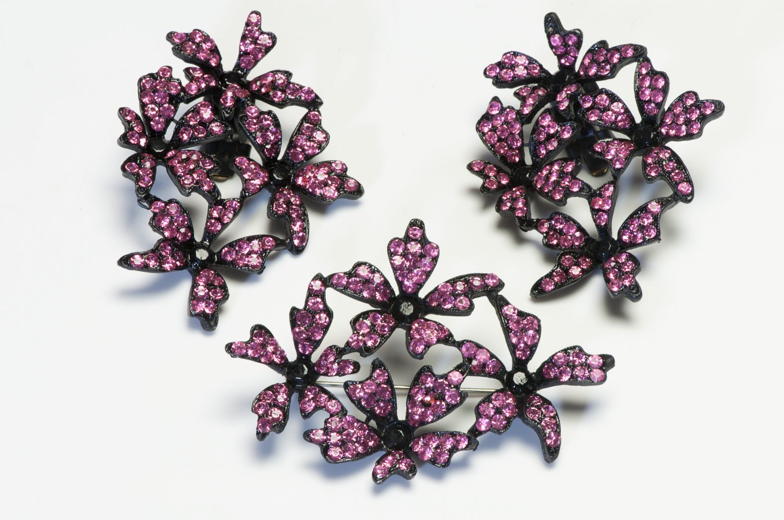 Vintage 1960's Pink Crystal Flower Earrings Brooch Set