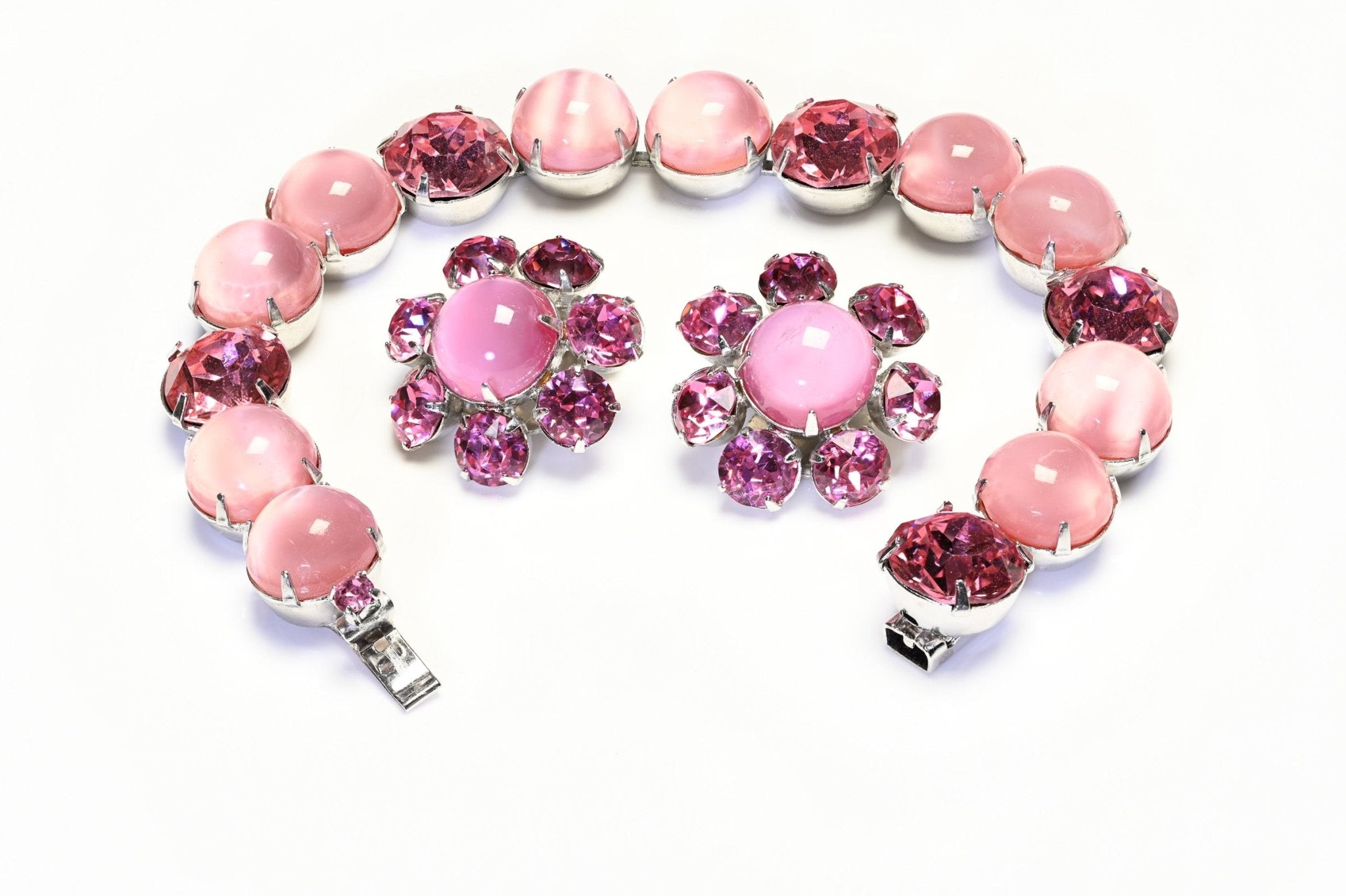 Vintage 1960’s Pink Opaline Crystal Bracelet Flower Earrings Set