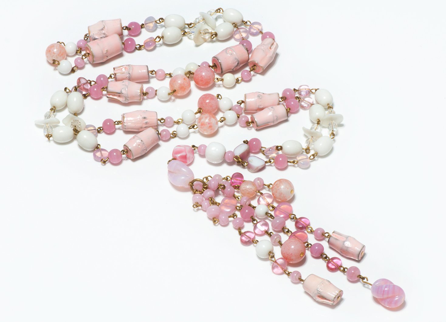 Vintage 1960's Pink White Glass Beads Bamboo Enamel Tassel Necklace