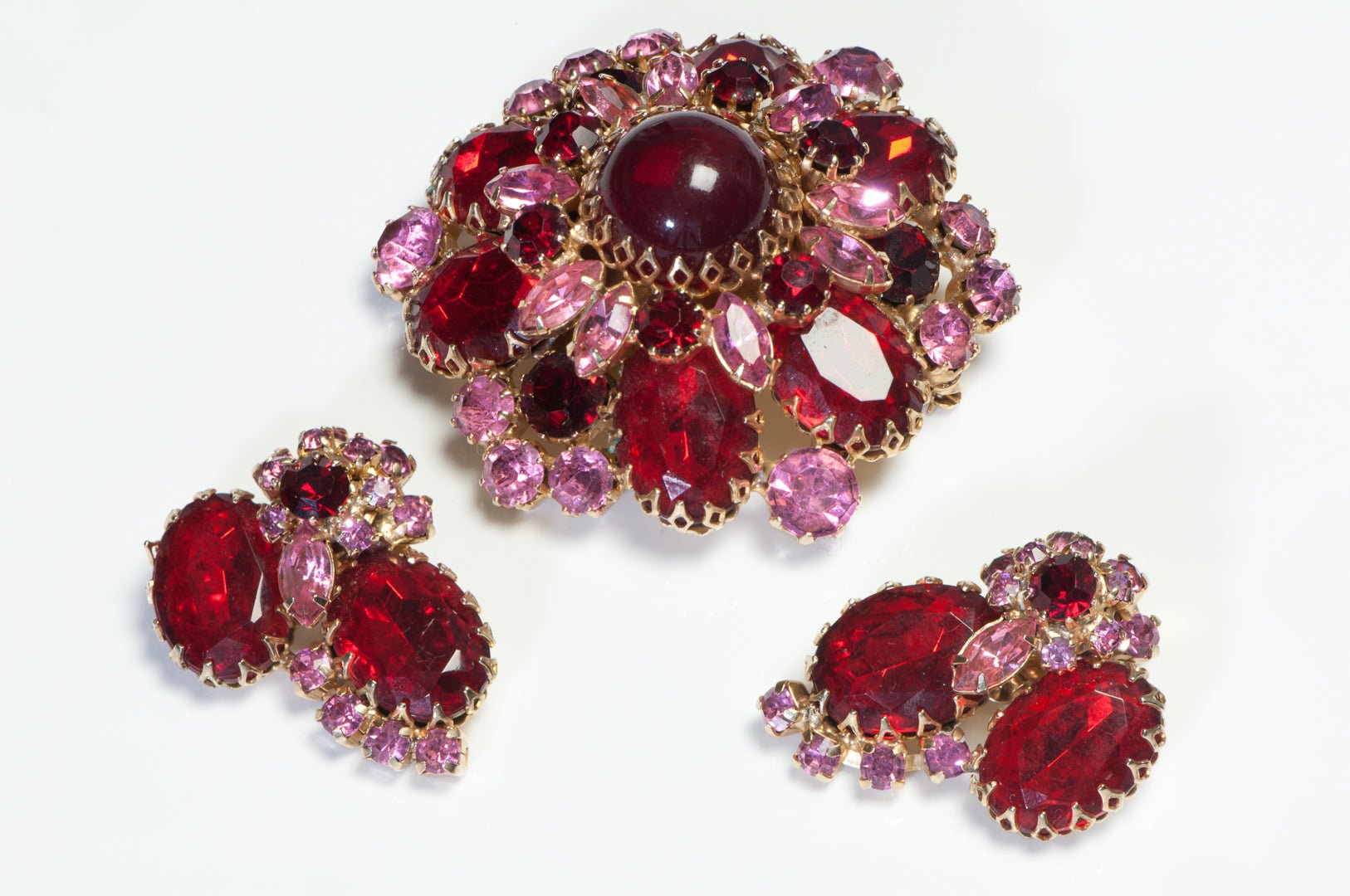 Vintage 1960's Red Pink Cabochon Crystal Flower Earrings Brooch Set