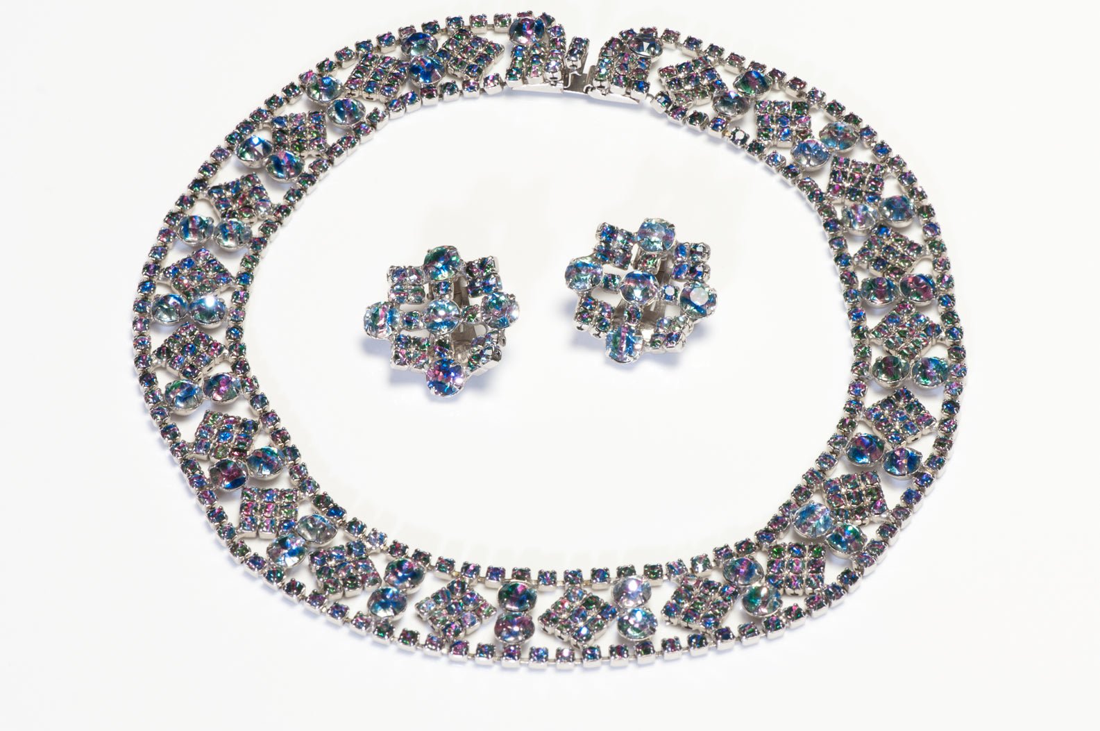 Vintage 1960’s Rhodium Plated Blue Green Pink Crystal Earrings Necklace Set