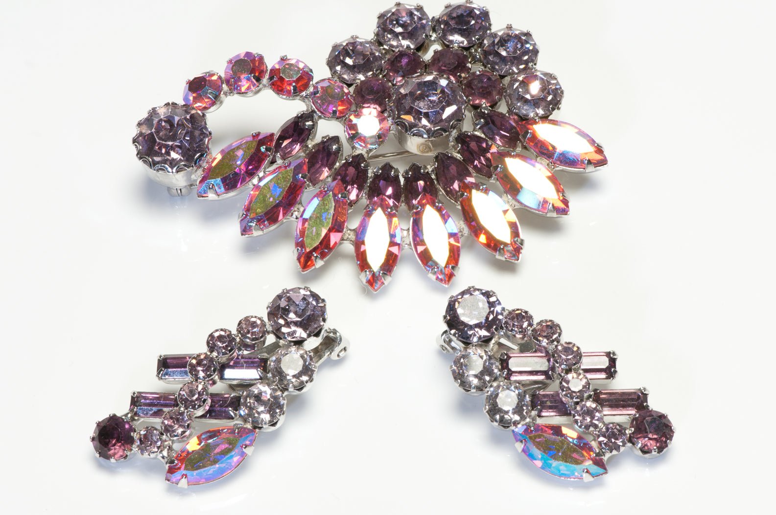 Vintage 1960’s Weiss Purple Crystal Aurora Borealis Earrings Brooch Set