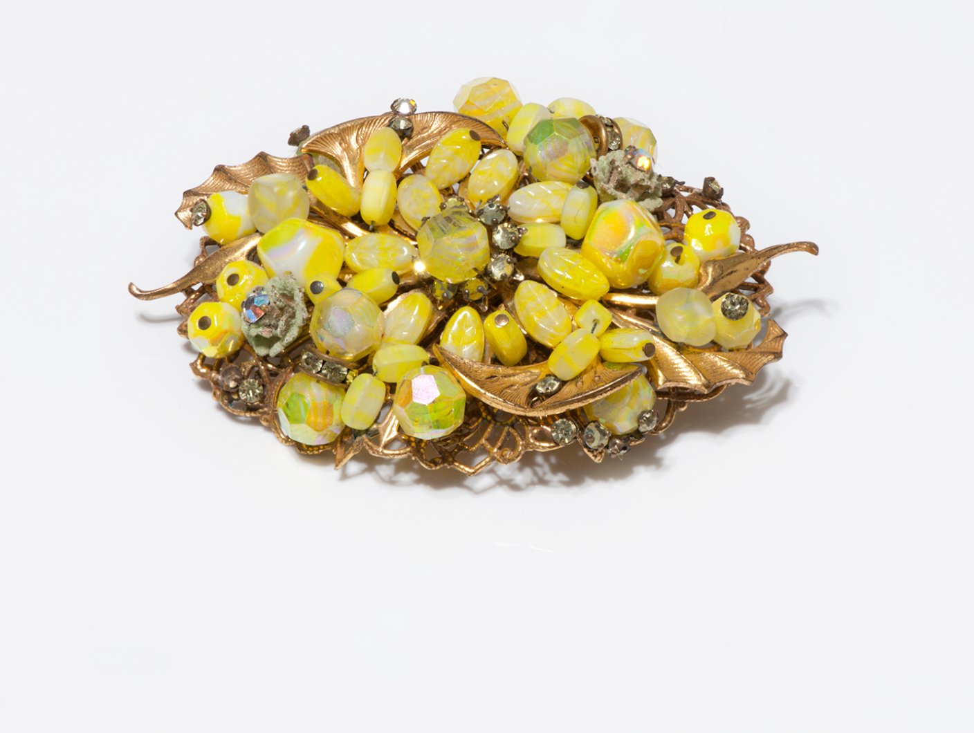 Vintage 1960's Yellow Glass Beads Crystal Fruit Brooch