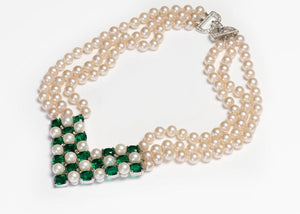 Vintage 1970’s Adolfo for Mazer Faux Pearl Green Crystal V Collar Necklace