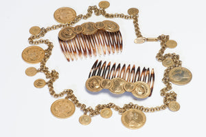 Vintage 1970’s Miriam Haskell Maria Theresa 1870 Coin Hair Comb Necklace Set