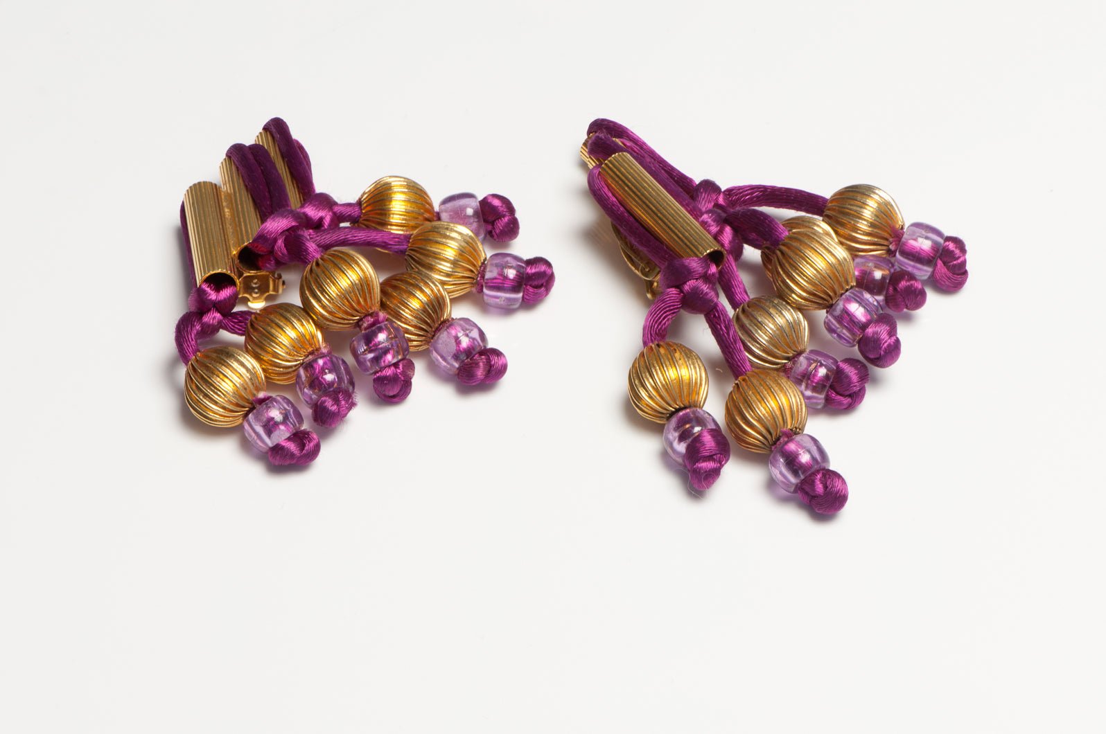 Vintage 1970's William DeLillo for Madame Gres Purple Satin Tassel Beads Earrings