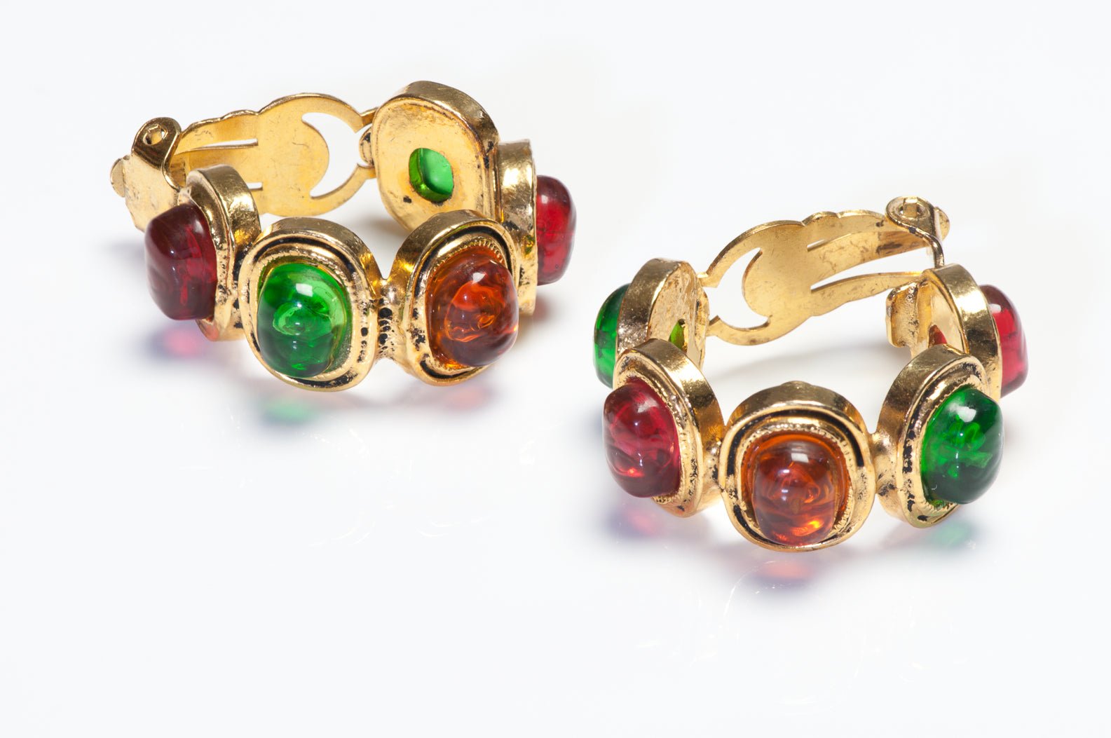 Vintage 1980’s Chanel Paris Maison Gripoix Green Red Brown Glass Hoop Earrings
