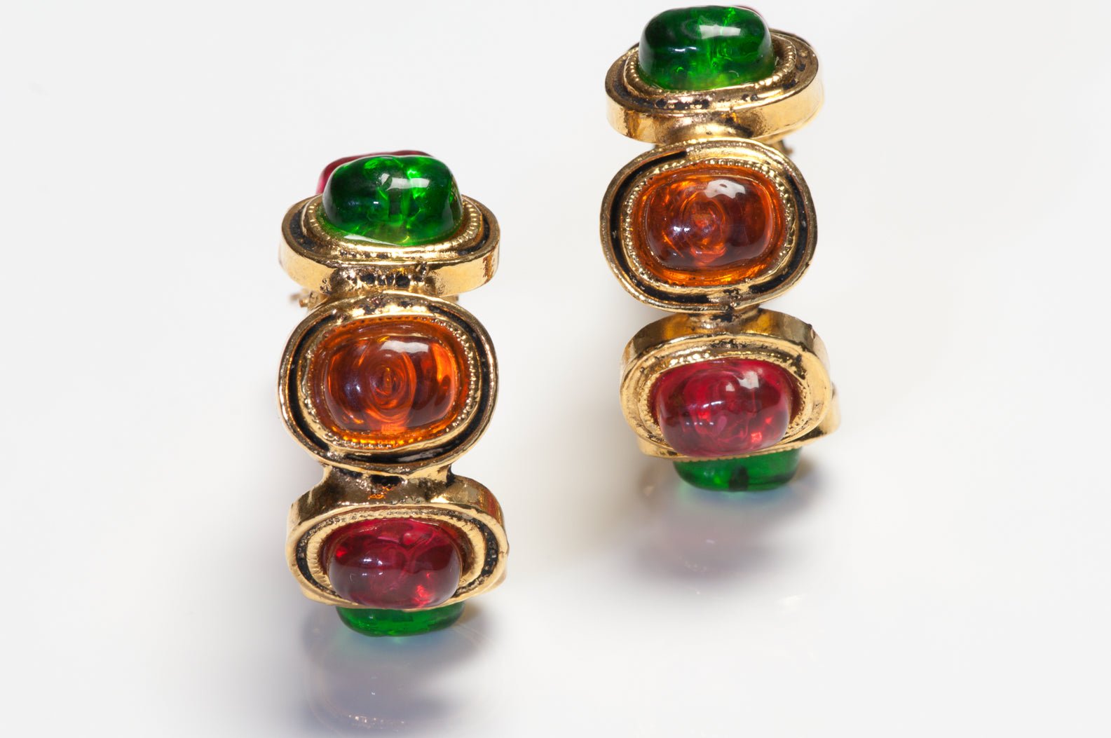 Vintage 1980’s Chanel Paris Maison Gripoix Green Red Brown Glass Hoop Earrings