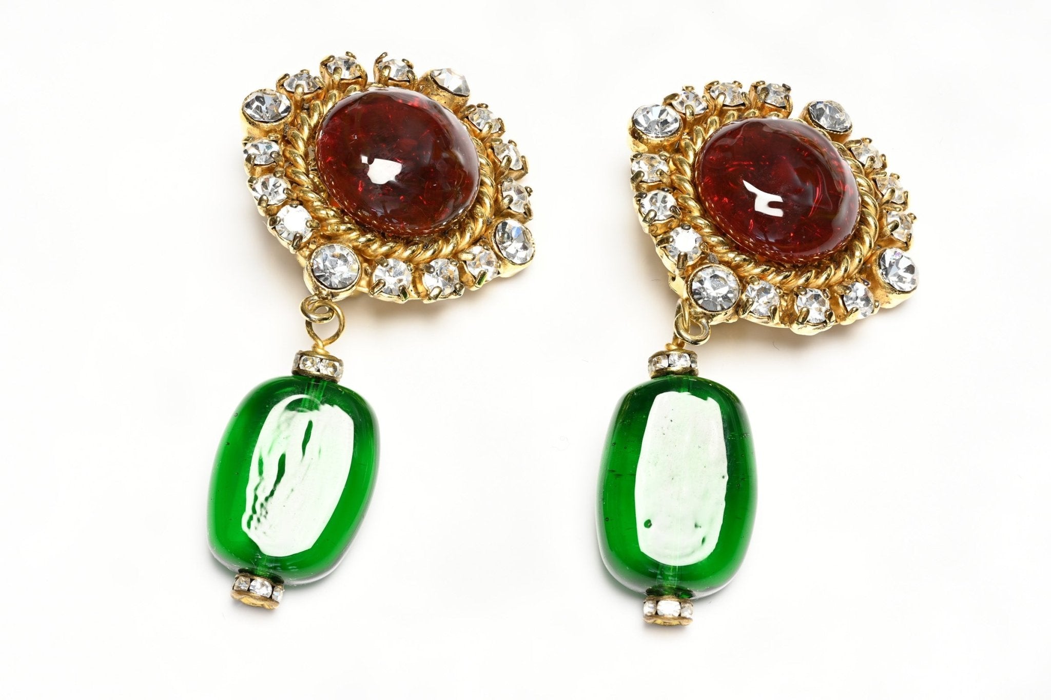Vintage 1980's Chanel Paris Maison Gripoix Red Green Glass Crystal Drop Earrings