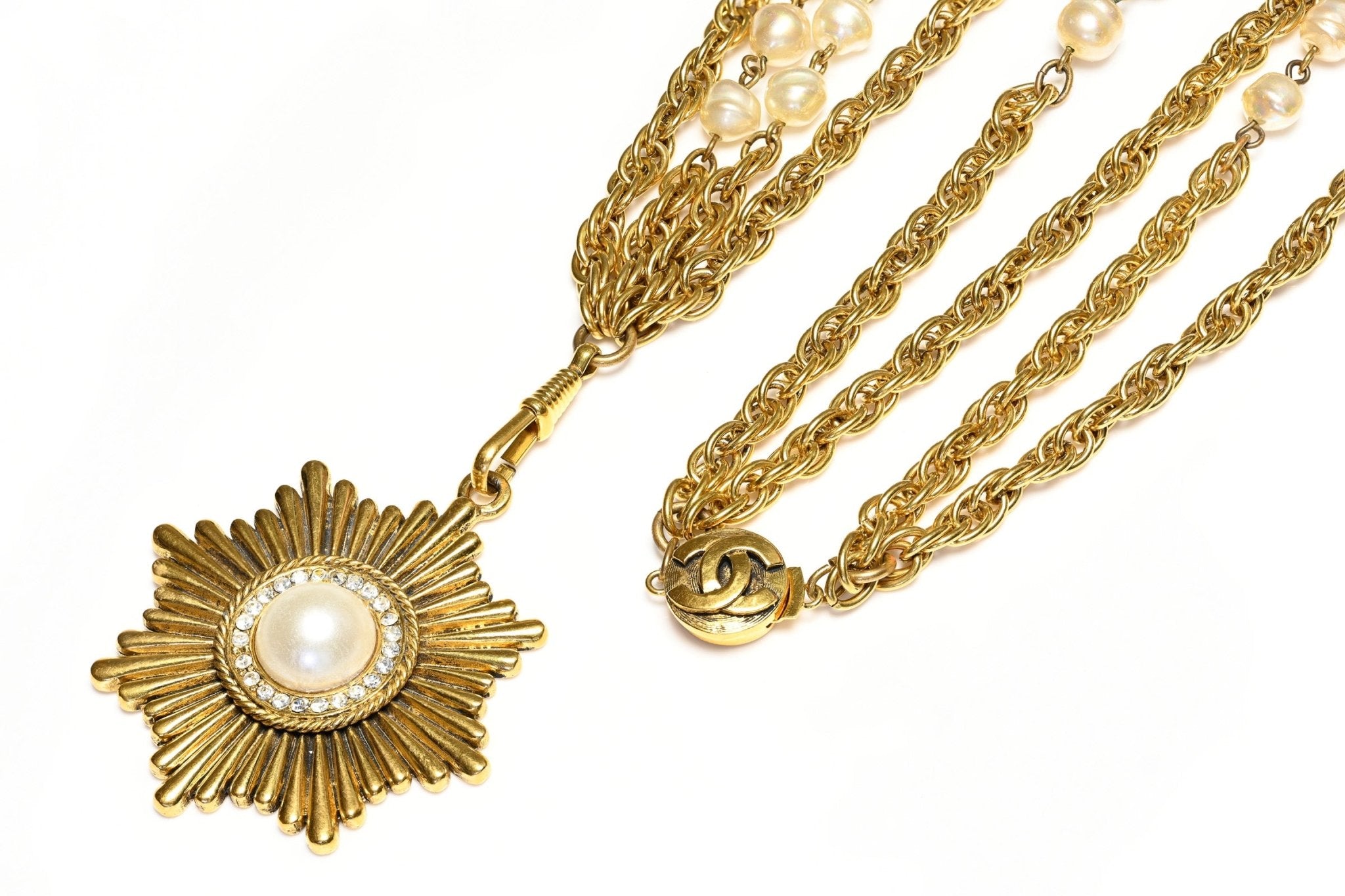 Vintage 1980's Chanel Paris Pearl Crystal Starburst Pendant Chain Necklace