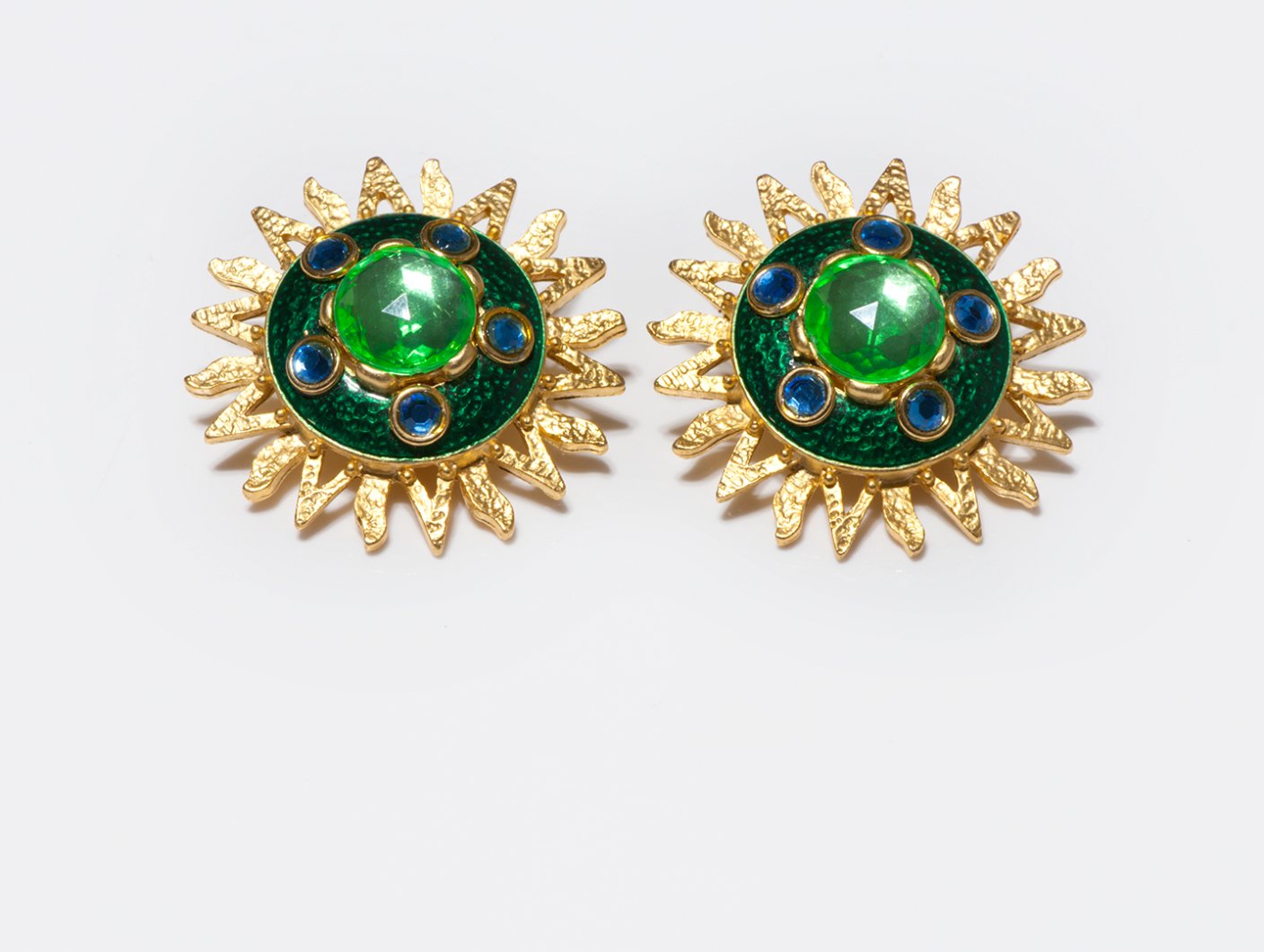 Vintage 1980's Craft Gold Plated Green Enamel Crystal Sun Earrings