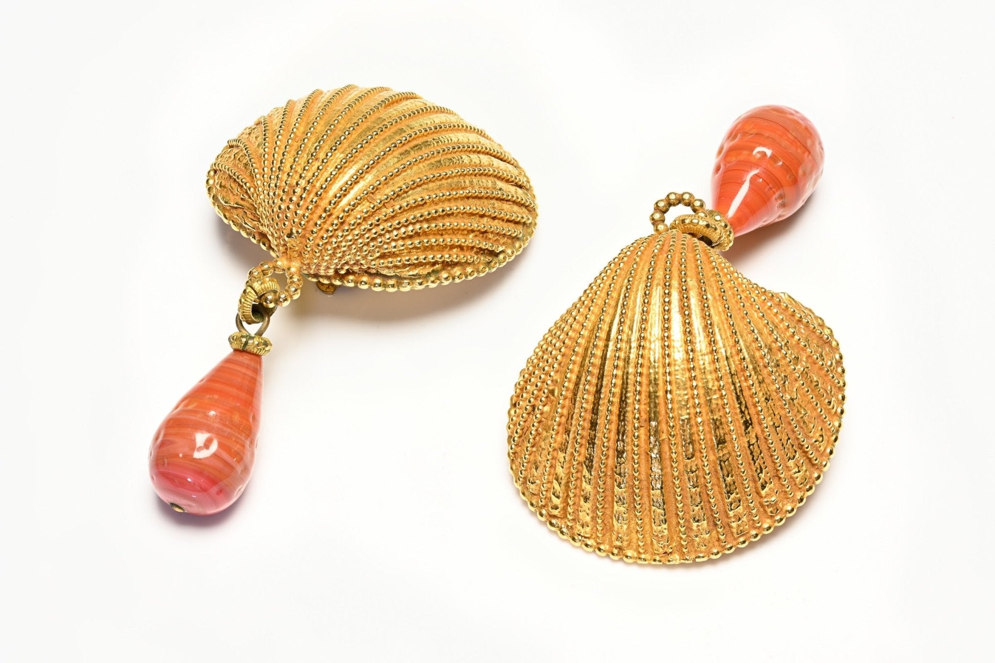 Vintage 1980's Dominique Aurientis Paris Shell Gripoix Orange Glass Drop Earrings