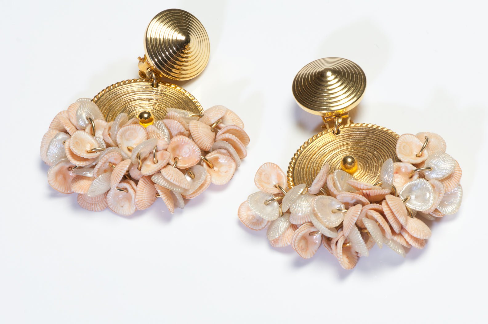 Vintage 1980’s Francoise Montague Paris Long Pink Faux Shell Disc Hoop Earrings
